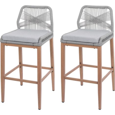 [NUNCA USADO] Juego de 2 taburetes de bar de cuerda HHG-982, asiento de exterior de cuerda de metal imitación madera, gris claro, cojín gris claro