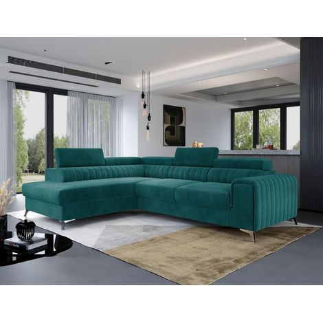 Ecksofa mit Schlaffunktion Sofa ELENI Stoff Matt Velvet Meeresgrün Ottomane Links (1/4)