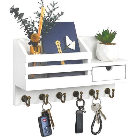 Porte-clés mural – petit porte-clés – Avec crochets – Avec tiroir de rangement – Décoration intérieure – Bois – Blanc (1/5)