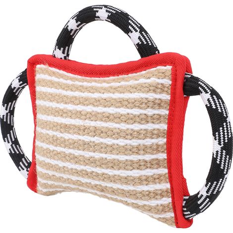 Coussin à mâcher avec 3 poignées robustes, en jute résistant aux déchirures, jouet interactif à mâcher et à tirer pour chien adulte, rouge. (1/5)