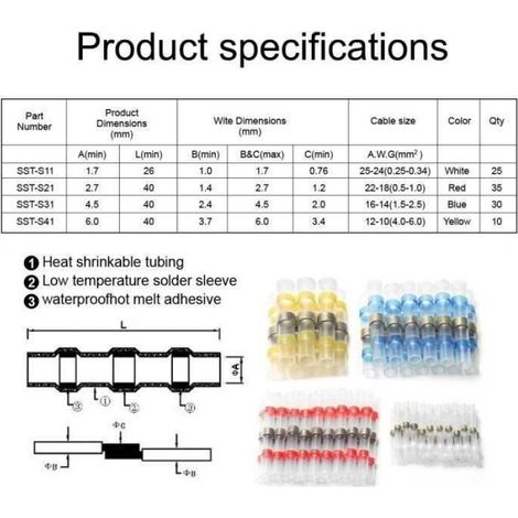 Cosses Electriques - Gaine Thermorétractable - Pour Câblage Électrique et Électronique - 100 Pièces (1/4)