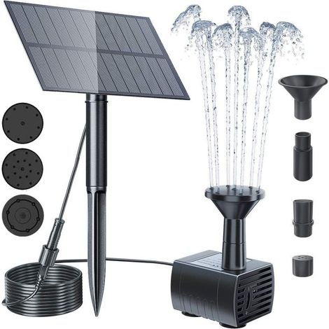 Fontaine solaire extérieure 1.5W – plusieurs buses – tuyau 1.5m + piquet – pour bain d'oiseaux, étang, jardin
