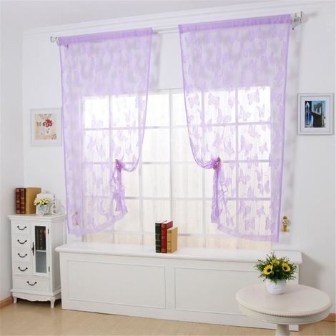 voilages papillon rideaux en voile de tulle floral porte fenêtre rideau écharpe cantonnière (1 pièce en violet clair) (1/3)