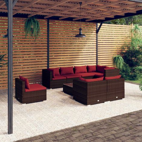 9-tlg. Garten-Lounge-Set mit Kissen Poly Rattan Braun (1/5)