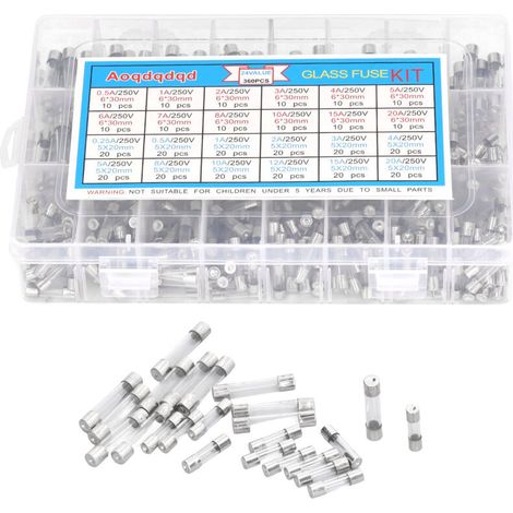 Kit de Fusibles à Tube de Verre: Assortiment de 360 Pièces, 24 Types 0.25A à 20A, Dimensions 6x30mm et 5x20mm (1/5)