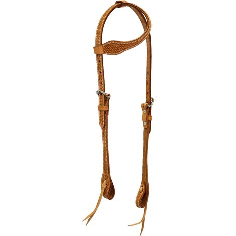Testiera western a orecchio Triple S in cuoio sagomato con decorazione basket e fibbie in inox - Naturale