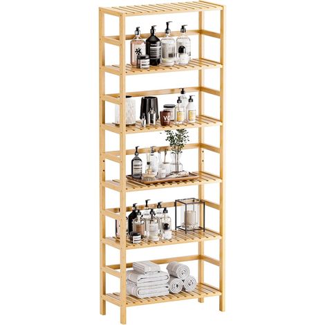 Bibliotheque 6 Niveaux, Etagere Salle de Bain Rangement Bambou avec Étagères Réglables, Support de Plantes Gain de Place, pour Salon, Bureau, Cuisine, Naturel (1/5)