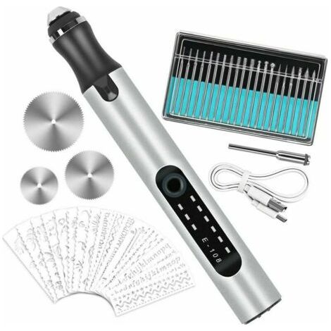 Stylo à gravure électrique multifonctionnel, outil de gravure mini - stylo à gravure rechargeable USB, avec 20 forets et 16 gabarits pour bricolage bijoux métal verre pierre plastique bois (1/3)
