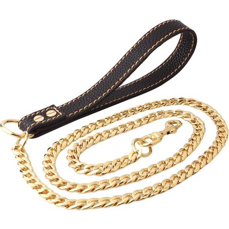 Laisse robuste pour chien, acier inoxydable, 12 mm, avec poignée en cuir, dorée, 1,25 m