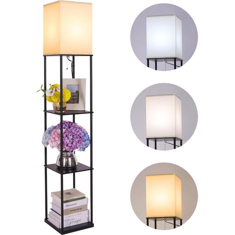 Lampadaire avec étagères Gupuzm, lampadaire moderne à pied carré avec ampoule à 3 températures de couleur, lampe bibliothèque d'angle pour salon (1/5)