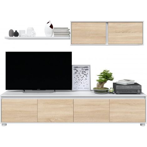 Mueble de salón TV 200 cm blanco mate y roble canadiense – Narva (1/5)