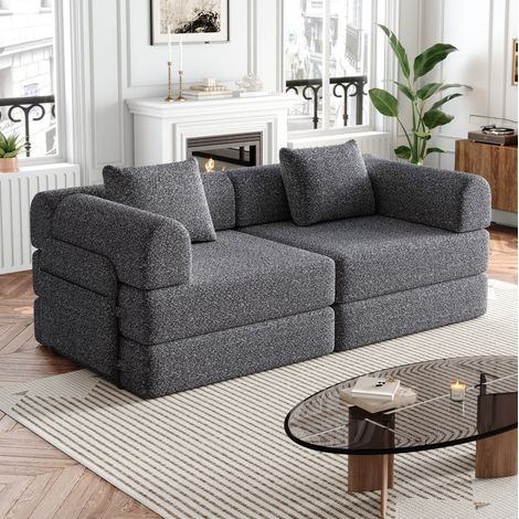 Sofá cama 2 en 1 de chenilla gris con compartimento en el reposabrazos y estructura de metal (1/5)
