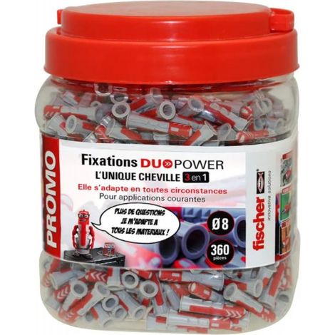 Fischer – Pack de 360 chevilles DUOPOWER 8x40 – Bimatière pour béton, brique et plaques – Installation facile, anti-rotation – Tenue optimale