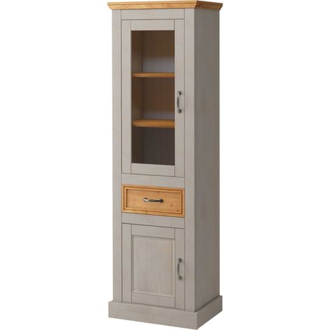 Vitrine avec 1 tiroir et 2 portes en pin gris et teint ciré (1/5)