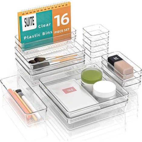 Juego de 16 organizadores de cajones,5 tamaños,organizadores de cajones de plástico transparente,perfectos para el baño,herramientas y cosméticos (1/5)