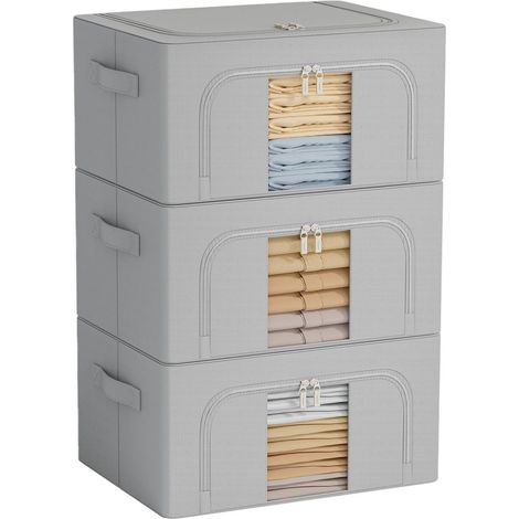 3 Boîtes Rangement Pliables Gris 24L, Cadre métal pour vêtements (1/5)