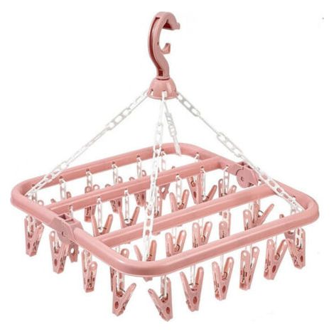 Portant à vêtements suspendu avec 32 pinces roses, résistant au vent, pour chaussettes/sous-vêtements (1/5)