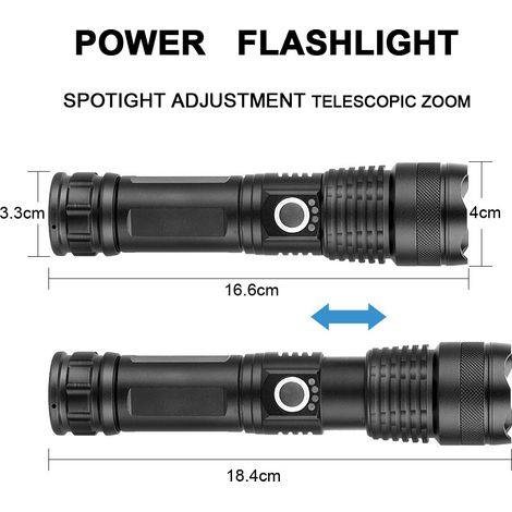 Lampe de poche, lampe de poche LED2000LM rechargeable par USB super puissante, zoom militaire étanche IPX4 à 5 modes pour le camping, la randonnée (batterie rechargeable 18650 incluse) (1/2)