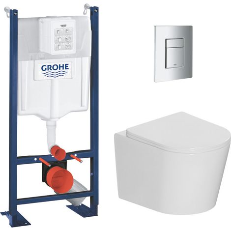 Grohe – Pack WC bâti-support autoportant 1.13 M PROCETOR1 – WC suspendu Rimless sans bride – Abattant SoftClose – Plaque chrome (1/5)