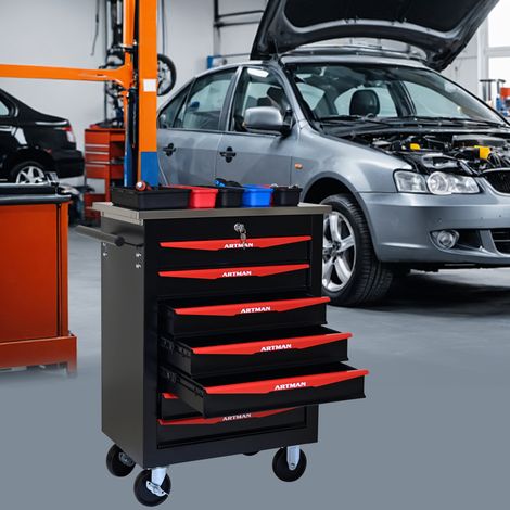 Carro de herramientas con 7 cajones y ruedas, acero, encimera de acero inoxidable, negro y rojo (1/5)