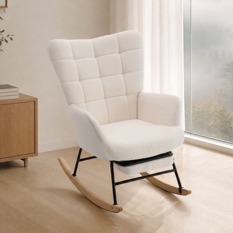 Sedia a dondolo con struttura in ferro e rivestimento nuovo, sedia con gambe in legno di caucci羅, poltrona reclinabile con poggiapiedi - beige (1/5)