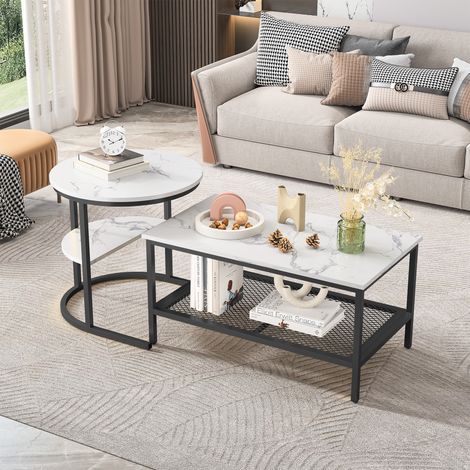 JOOKGBD- Lot de 2 tables basses gigognes, Table ronde et rectangulaire avec aspect marbre, cadre en métal, étagère de rangement, pour salon chambre balcon bureau, Marbre, Métal, Noir