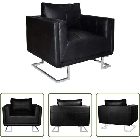 The Living Store Fauteuil cube avec pieds chromés Noir Similicuir - Fauteuil En Cuir - Fauteuil Moderne - Fauteuil Noir - Fauteuil Design - Chaise Confort (1/5)