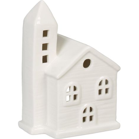 Photophore en Forme d'église, pour 1 Bougie Chauffe-Plat, H x L x P : 13,5 x 10 x 7 cm, Blanc (1/5)
