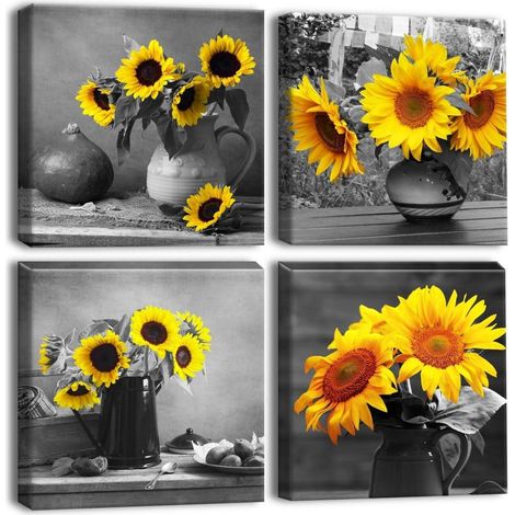 Lot de 4 tableaux sur toile tournesols gris art moderne 30x30cm prêt à accrocher (1/5)