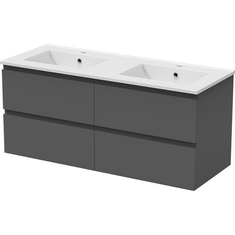 Aica Sanitaire – Meuble bas de salle de bain suspendu anthracite 120cm – 4 tiroirs – Panneau composite de fibres de bois – Montage facile avec vis et fixations