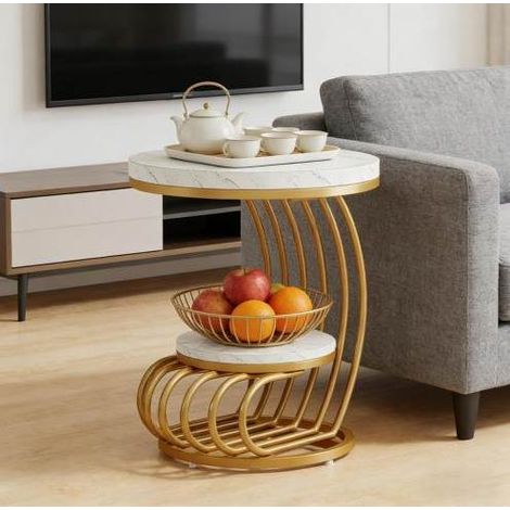 Table d’appoint ronde effet marbre blanc et métal doré, chevet ou bout de canapé REDOM (1/5)