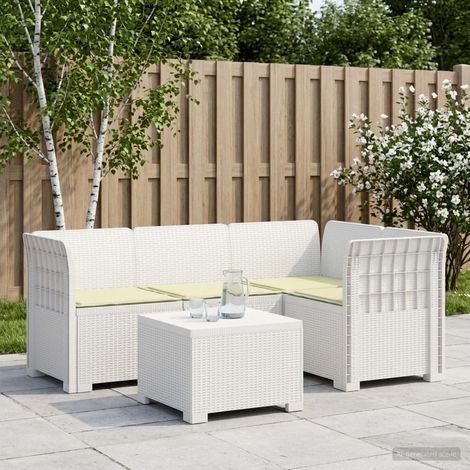 Canapé de Jardin Modulaire 4 Places Style Rotin PP Blanc avec Table et Coussins Crème - PANGIVO (1/5)