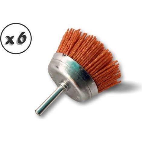 DBBEGK Brosse rotative métallique coupe Ø 75 mm  Lot de 6  Sur tige Ø 6 mm  Brins nylon abrasif grain 80  Pour perceuse ou visseuse à mandrin