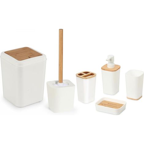 Ensemble de salle de bain 6 pièces en bambou, design moderne, accessoires pratiques, idéal pour la décoration intérieure, taille: standard, couleur: crème (1/5)