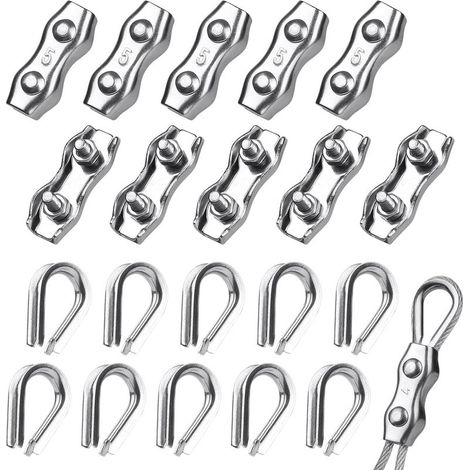 10 Pièces Serre Cable Acier 5mm + 10 Pièces Câbles Cosses, en Acier Inoxydable 304 Pour Cable Acier 3-4mm, Corde à Linge (1/5)
