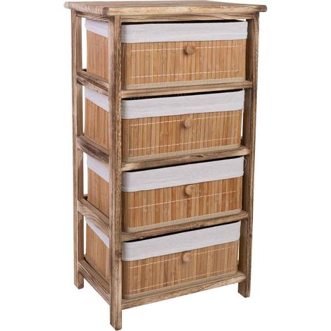 Cajonera marrón de madera con 4 cajones de bambú forrados 40x29x73 cm