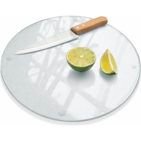 Planche de cuisine ronde en verre trempé dépoli antidérapante pour découpe et hachage résistante chocs chaleur rayures usage quotidien fi 30 cm