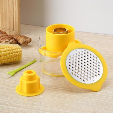 Corn cob peeler, corn kernel thresher, includes grain bowl, grinder and safety handle. (1/4)