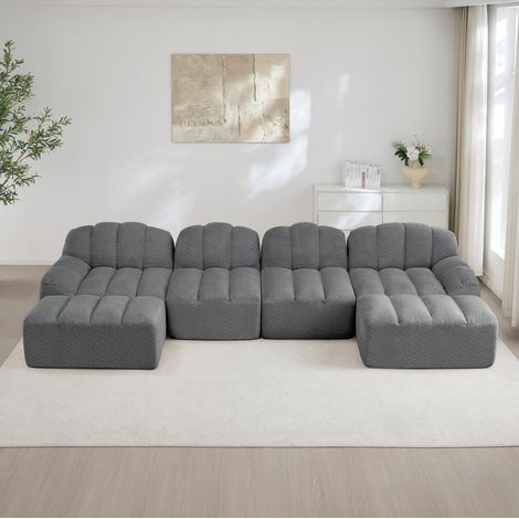 Canapé modulare a U in tessuto fleece granulato grigio, 4 posti con 2 pouf, design senza struttura (1/5)