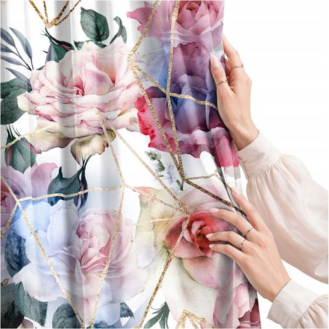 Rideau pour salon, cuisine, chambre, galon à ourlet, rideaux prêts à poser, motif roses, 290 cm (1/5)
