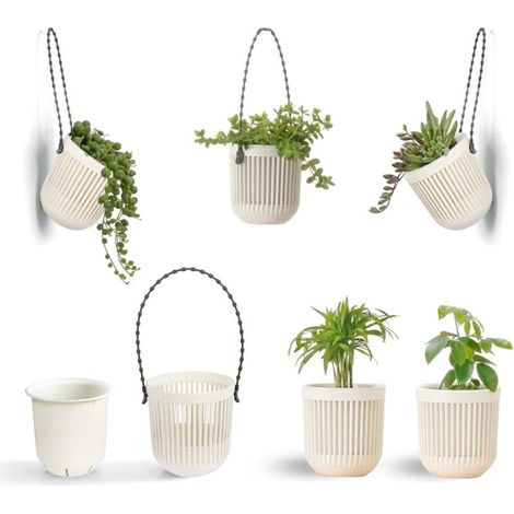 Set of 6 two-piece 8.7cm flower pots with drainage, flexible and removable handle, flower pots for mini plants, small hanging flower pots for wall, window, white (1/5)