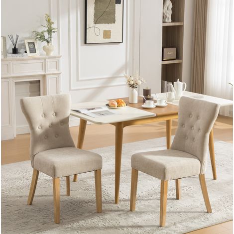 Set di 2 sedie da pranzo in ciniglia, con schienale alto imbottito e gambe in legno massello, beige (1/5)