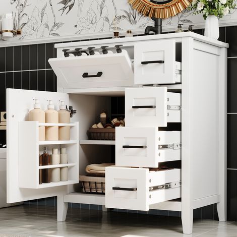 Mobile lavabo a pavimento moderno 76x46x90 cm, MDF laccato bianco, 1 anta, 5 cassetti, lavabo integrato in ceramica (1/5)