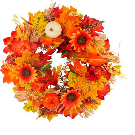Künstlicher rustikaler Herbstkranz mit Ahornblättern, Kürbis und Sonnenblume für die Haustür (1/2)
