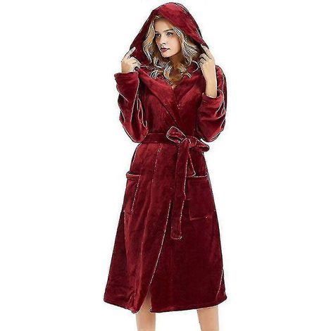 Peignoir à capuche pour femme, doublé polaire, moelleux-3XL-Wine Red