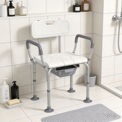 Chaise de douche chaise percée avec seau hauteur réglable pieds antidérapants charge max. 136Kg en aluminium HDPE blanc