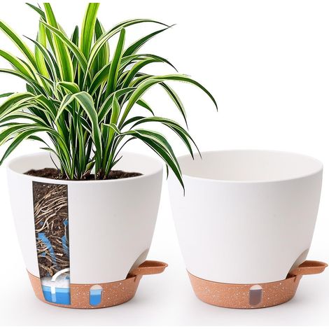 Lot de 2 pots de fleurs auto-arrosants 20cm blanc avec indicateur de niveau d'eau (1/5)