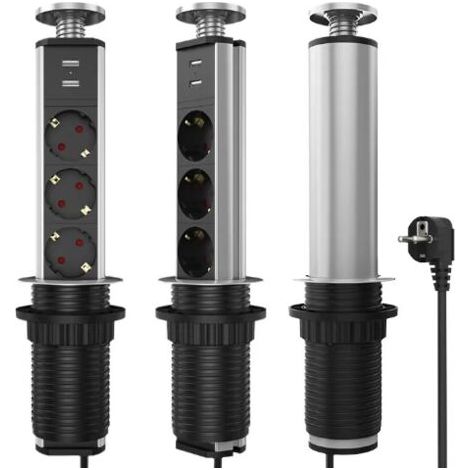 royaluxe-Multiprise rétractable 3 prises – Cordon d'alimentation 2m – 2 ports USB pour recharge rapide – Montage facile sur comptoir