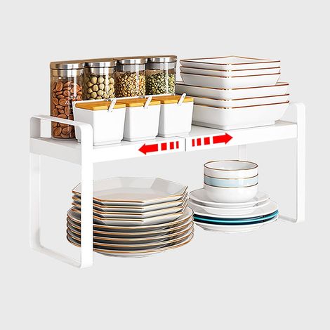Étagère coulissante extensible, adaptée aux armoires de cuisine, plans de travail, garde-manger et salles de bains 【Extensible】Longueur 35-65 cm, largeur 27 cm, hauteur 25 cm (blanc) (1/4)