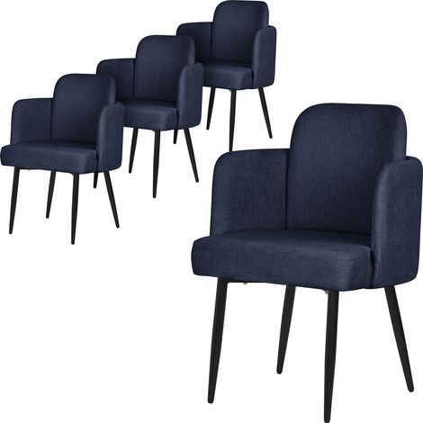 ML-Design Set 4 Poltrone da Sala Pranzo Blu Scuro con Rivestimento in Tessuto, con Gambe in Metallo, Sedie Ergonomica da Cucina con Braccioli e Schienale in Rattan, Poltroncine Imbottite per Soggiorno